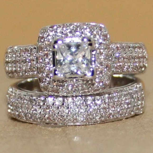 Shiny Princess Cut Square Zircon Delicate Luxury Silver Ring Set, L518